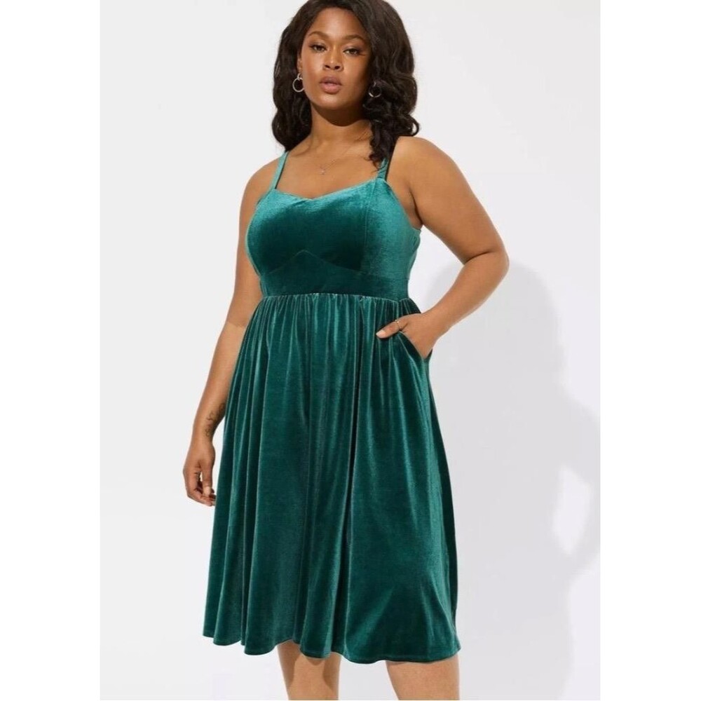 Torrid Midi Dress Women 2X Velvet Sleeveless Botannical Garden Green Holiday